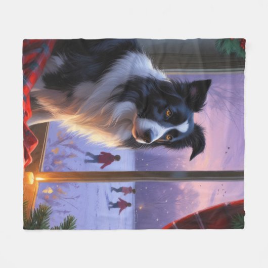 Border Collie With Christmas Lights Holiday Fleece Deken (Voorkant (Horizontaal))