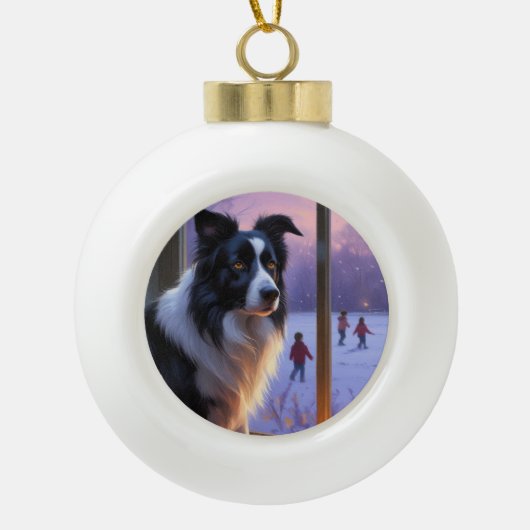 Border Collie With Christmas Lights Holiday Keramische Bal Ornament (Voorkant)