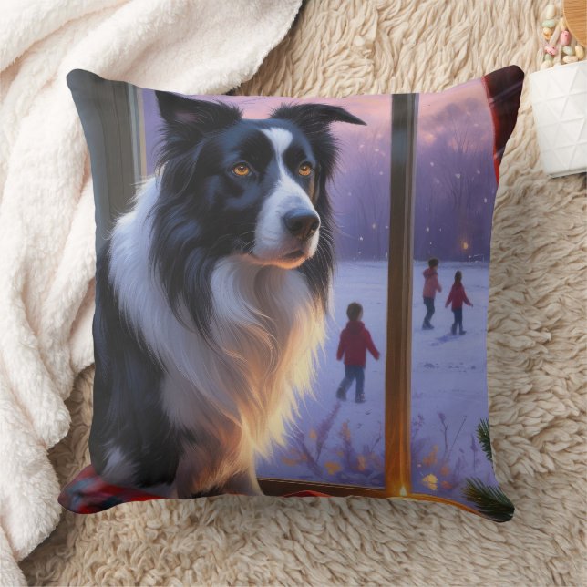 Border Collie With Christmas Lights Holiday Kussen (Deken)