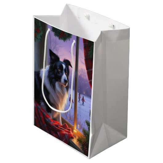 Border Collie With Christmas Lights Holiday Medium Cadeauzakje (Voorkant Gekanteld)