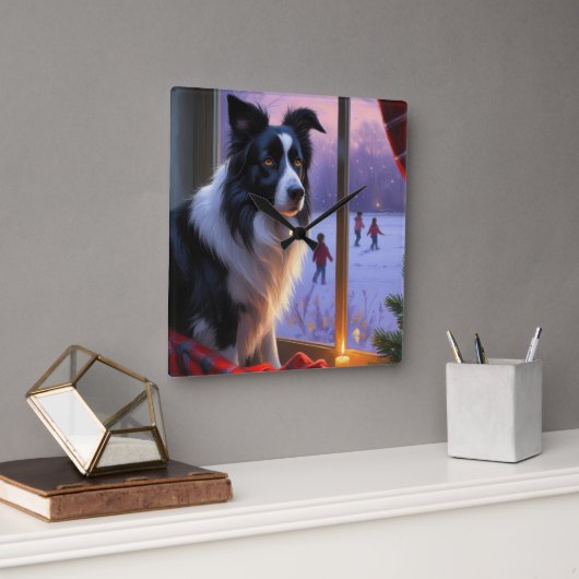 Border Collie With Christmas Lights Holiday Vierkante Klok (Kantoor)