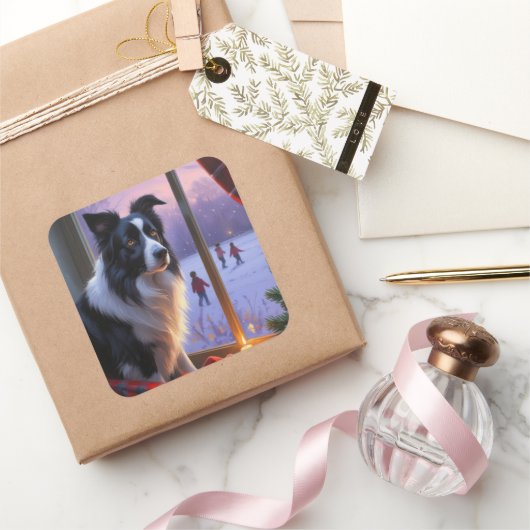 Border Collie With Christmas Lights Holiday Vierkante Sticker (Geschenken)