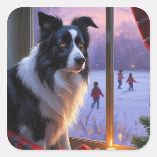 Border Collie With Christmas Lights Holiday Vierkante Sticker (Voorkant)
