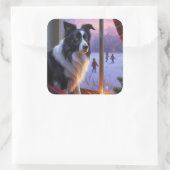 Border Collie With Christmas Lights Holiday Vierkante Sticker (Tas)
