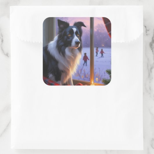 Border Collie With Christmas Lights Holiday Vierkante Sticker (Tas)