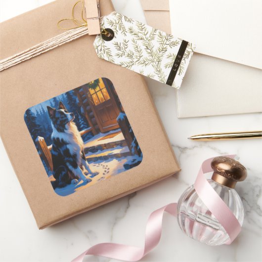 Border Collie With Christmas Lights Holiday Vierkante Sticker (Geschenken)