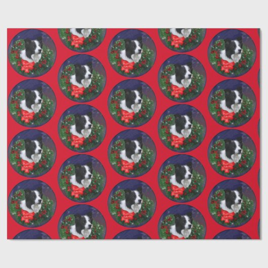 Border Collie Wreath Kerstmis Cadeaupapier (Vlak)