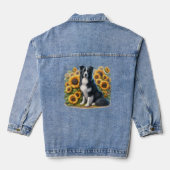 Border Collie Zonnebloem Bloemachtig Denim Jas Jacket (Achterkant)