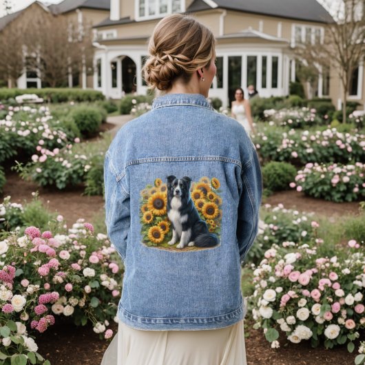 Border Collie Zonnebloem Bloemen Denim Jas Denim Jacket (Huwelijk Achterkant)