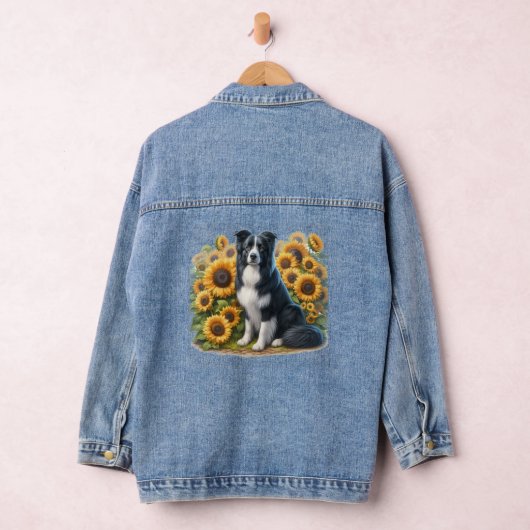 Border Collie Zonnebloem Bloemen Denim Jas Denim Jacket (Hangar)