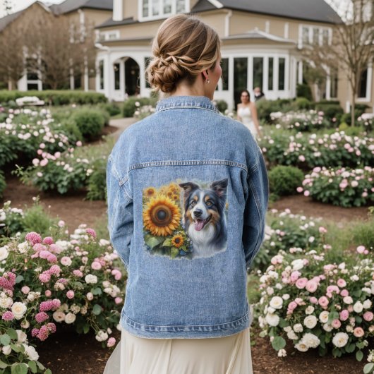 Border Collie Zonnebloem Hond Liefhebber Denim Jas Jacket (Huwelijk Achterkant)