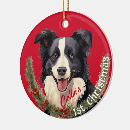 Border Collie's Eerste Kerstmis Keramisch Ornament (Links)
