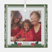 Border Green White Holly Family Kerstmis Glas Ornament (Voorkant)