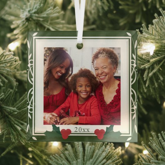 Border Green White Holly Family Kerstmis Glas Ornament (Insitu)