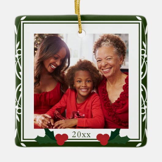 Border Green White Holly Family Kerstmis Keramisch Ornament (Voorkant)