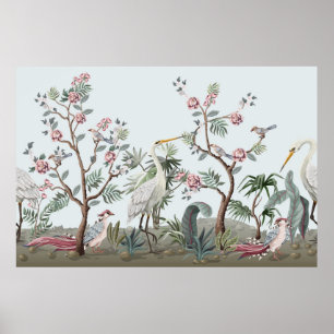 Border in chinoistijl with storks and peonie poster