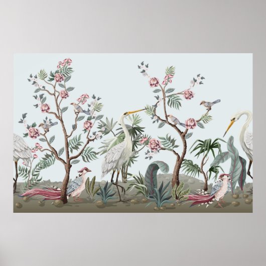 Border in chinoistijl with storks and peonie poster (Voorkant)