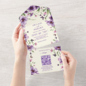 Border of purple flowers and RSVP QR code wedding All In One Uitnodiging (Afscheurbaar)