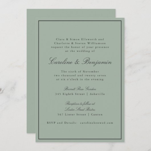 Border Script Elegant Wedding Olive Gray RSVP Kaart (Voorkant / Achterkant)