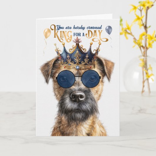 Border Terrier Dog King voor Dag Grappige Verjaard Kaart (Gele Bloem)