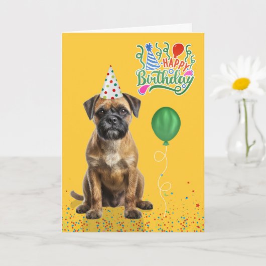 Border Terrier Dog Party Hat Yellow Birthday Kaart (Kleine Plant)