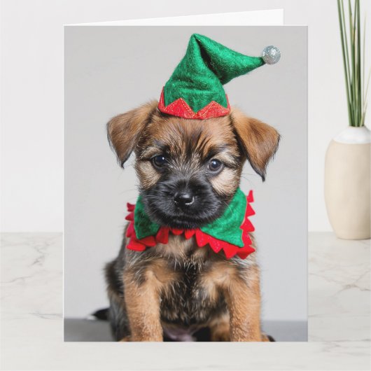 Border Terrier Elf Puppy Kerst Kaart (Voorkant)