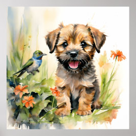 Border Terrier Puppy met kolibrie Poster