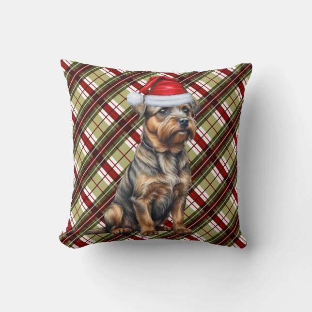 Border Terrier Red Green Plaid Kersthond Kussen (Voorkant)