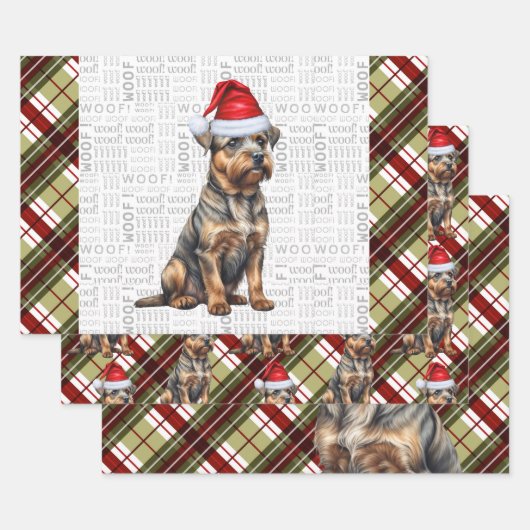Border Terrier rood groen geplakt Kerstmis Inpakpapier Vel (Set)