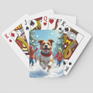 Border Terrier Sneeuwbalgevecht Kerstschilderij Pokerkaarten