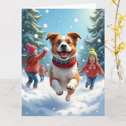 Border Terrier Snowball Fight Christmas Painting Kaart (Gele Bloem)