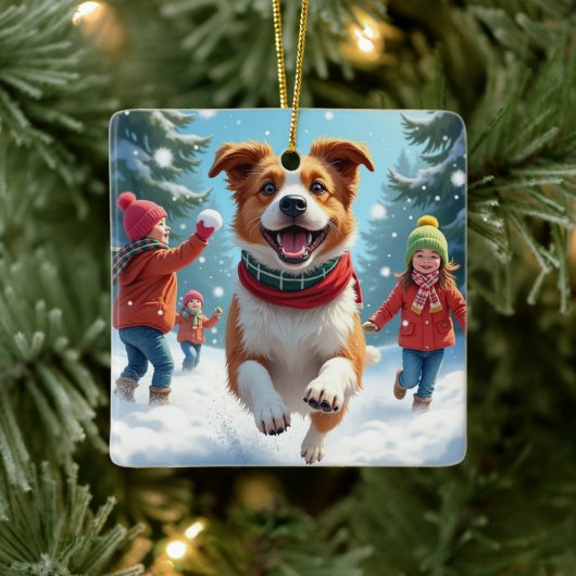 Border Terrier Snowball Fight Christmas Painting Keramisch Ornament (Boom)