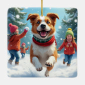 Border Terrier Snowball Fight Christmas Painting Keramisch Ornament (Achterkant)
