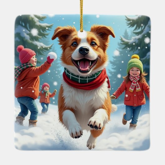 Border Terrier Snowball Fight Christmas Painting Keramisch Ornament (Achterkant)