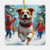 Border Terrier Snowball Fight Christmas Painting Keramisch Ornament (Voorkant)