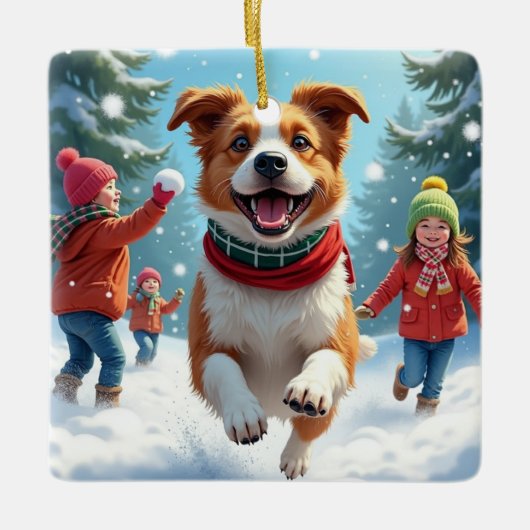 Border Terrier Snowball Fight Christmas Painting Keramisch Ornament (Voorkant)