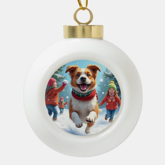 Border Terrier Snowball Fight Christmas Painting Keramische Bal Ornament (Voorkant)