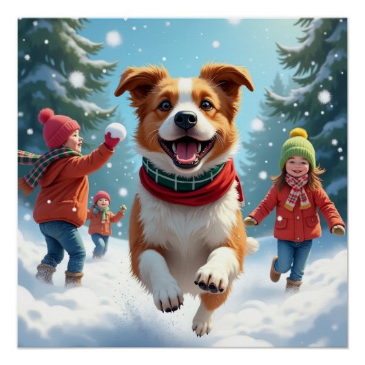 Border Terrier Snowball Fight Christmas Painting Perfect Poster (Voorkant)