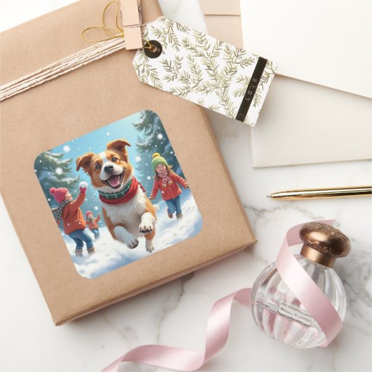 Border Terrier Snowball Fight Christmas Painting Vierkante Sticker (Geschenken)