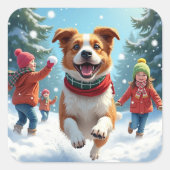 Border Terrier Snowball Fight Christmas Painting Vierkante Sticker (Voorkant)