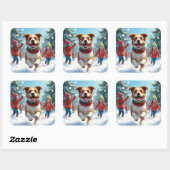 Border Terrier Snowball Fight Christmas Painting Vierkante Sticker (Vel)