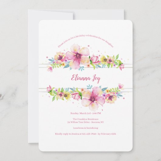 Bordered Floral Birthday Party Invitation Kaart (Voorkant)