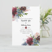 Bordo en Navy Bloemen Bruiloft Kaart (Staand voorkant)