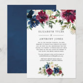 Bordo en Navy Bloemengestileerde Gereduceerde Trou Aankondiging (Voorkant / Achterkant)