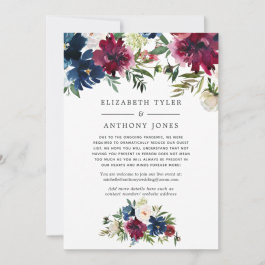 Bordo en Navy Bloemige Gereduceerde Trouwgastenlij Aankondiging (Voorkant)