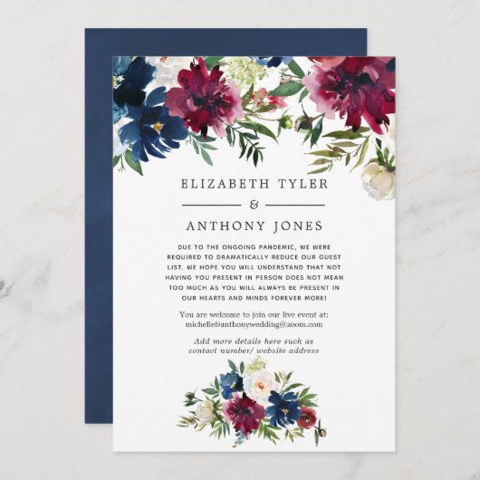 Bordo en Navy Bloemige Gereduceerde Trouwgastenlij Aankondiging (Voorkant / Achterkant)