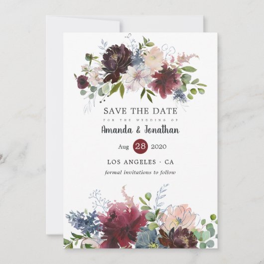 Bordo en Navy Floral Wedding Foto Save The Date (Voorkant)