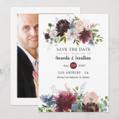 Bordo en Navy Floral Wedding Foto Save The Date (Voorkant / Achterkant)