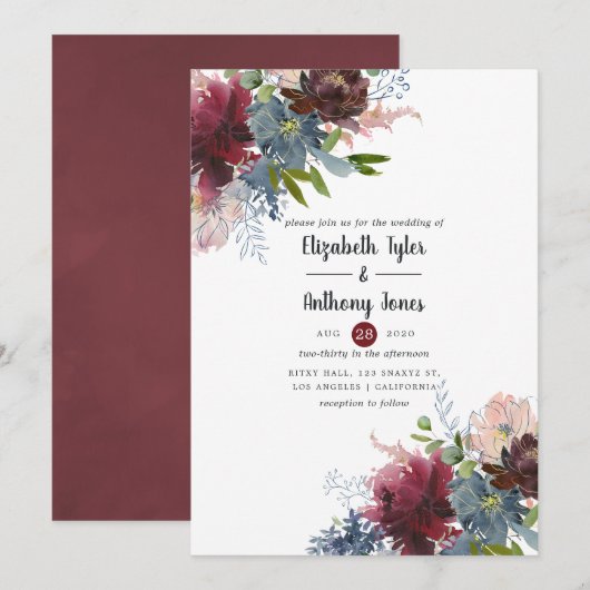 Bordo en Navy Floral Wedding Kaart (Voorkant / Achterkant)