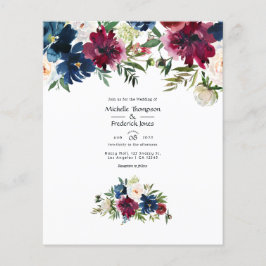 Bordo en Navy Waterverf Bloemen Bruiloftsinvatie Flyer